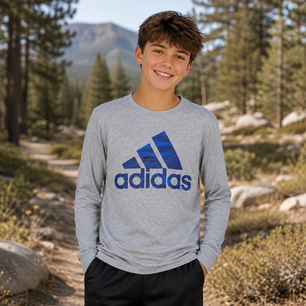 Adidas Kids L 14/16 Long Sleeve Shirt Gray Blue Logo Athletic Tee